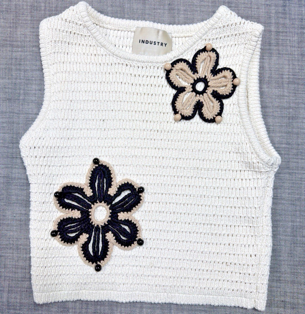 Industry Republic Clothing Crochet Knit Vest Top Floral Beaded White Festival